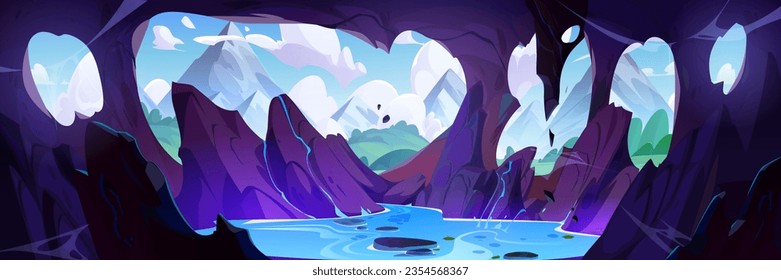 Rock cave illustration and mountain view. Stone grotto with hole near beautiful peaceful summer nature and ridge landscape. Water flowing from wall inside cavern to lake. Scary adventure environment