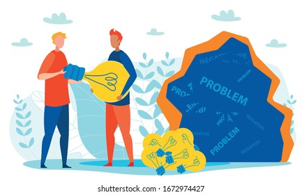 Rock Cave with Problems. Cartoon Men Holding Light Bulb Metaphor Idea. Flat Lamps Pile Lying at Feet. Creative Thinking in Troubleshooting, Finding Solution. Success in Teamwork. Vector Illustration