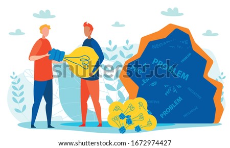 Rock Cave with Problems. Cartoon Men Holding Light Bulb Metaphor Idea. Flat Lamps Pile Lying at Feet. Creative Thinking in Troubleshooting, Finding Solution. Success in Teamwork. Vector Illustration