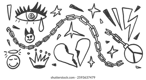 Rock charcoal drawn set. Punk breaking heart doodle background. Scribble grunge poster elements. Heart, crown and chain sketch graffiti art. Angel and devil. Vector pencil isolated illustration.