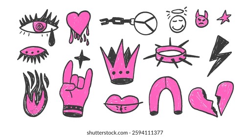 Rock charcoal drawn set. Punk girly breaking heart doodle background. Scribble grunge eye, tear, magnet arch elements. Heart, crown and chain sketch graffiti art Vector pencil isolated illustration.