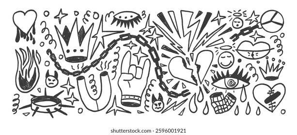 Rock charcoal drawn set. Punk coquette breaking heart doodle background. Scribble grunge poster elements. Heart, crown and chain sketch graffiti art Vector pencil isolated illustration.