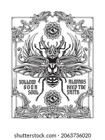 rock chic poster design with scarab wings and vintage frame hand drawn illustration