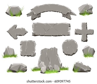 Rock circle button, stone banner vector illustration. Ribbon of stones and arrow of Rocks for natural game design isolated on white background