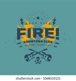 Rock city fire t-shirt, grunge party flyer