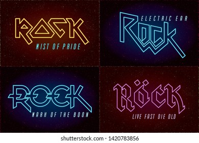 Rock Classic Hard and Heavy Metal Glowing Neon Sign Hand Drawn Logos Set with Special Authentic Lettering Comic Creative Concept - Chrome on Grunge Background - Vector Flat Graphic Design