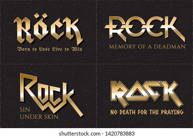 Rock Classic Hard and Heavy Metal Glossy Gold Style Hand Drawn Logos Set with Special Authentic Lettering Comic Creative Concept - Golden on Grunge Background - Vector Gradient Graphic Design
