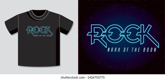 Rock Classic Heavy Metal Neon Sign Style Hand Drawn Sharp Logo and Lettering with Application Example on T-Shirt Vector Template - Blue on Black Background - Vector Flat Graphic Design