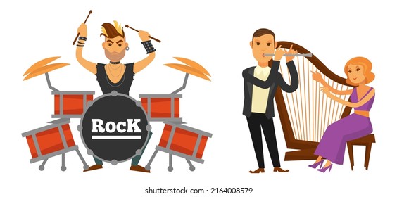 Rock and classic music styles, isolated concert people on stage giving a performance. Man and woman with harp, male on drums. Classes or teaching how to play instruments. Vector in flat style