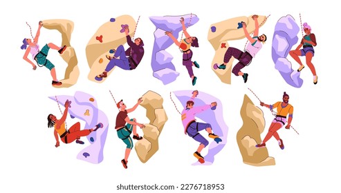 Rock climb, climber mountain wall. Women and men on extreme top mount cliff, person with professional equipment, character on height. Mountaineer danger exercises. Vector illustration exact set