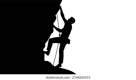 A rock climber ascends a steep cliff face captured in dramatic silhouette