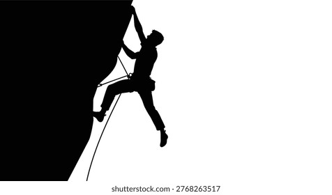 A rock climber ascends a steep cliff face captured in striking black silhouette