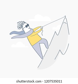 Rock climber, cartoon man, alpinist climbing on a cliff with a rope to the mountain top. Extreme outdoor sport, hiking, adventure. Flat cute line vector illustration on white. 