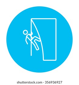 Rock climber climbing an overhanging cliff line icon for web, mobile and infographics. Vector white icon on the light blue circle isolated on white background.