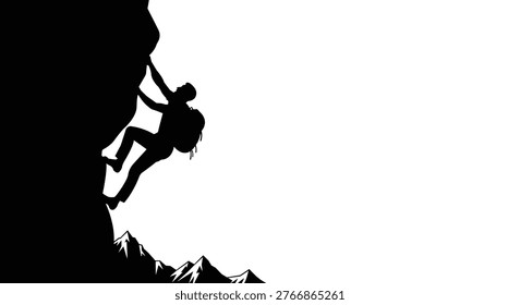 Rock Climber Climbing Steep Mountain Cliff Adventure Challenge Success and Determination Concept Silhouette Illustration