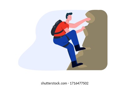 Rock climber climbs the mountain. The concept of professional and amateur alpenism. Illustration of adrenaline and dangerous rest, sport.