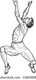 A rock climber clinging to an overhang. Hand drawn vector illustration. 