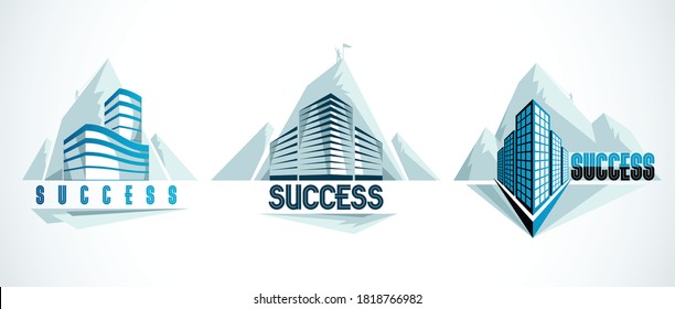 Rock climber as a concept of reaching goal of success behind of modern architecture business office building. Career concept. Vector illustrations set. Real estate realty center, futuristic facade.