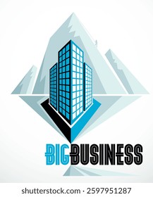 Rock climber as a concept of reaching goal of success behind of modern architecture business office building. Career concept. Vector illustration. Real estate realty center, futuristic facade.