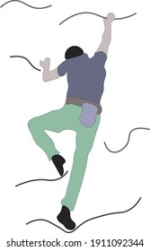 A Rock climber in a gray t-shirt making bouldering vector illustration 