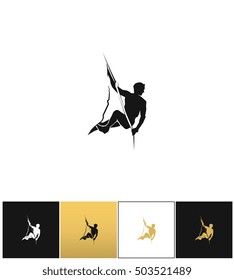 Rock Climber Logo Or Mountain Climbing Adventure Silhouette Vector Icon. Rock Climber Logo Or Mountain Climbing Adventure Silhouette Program On Black, White And Gold Background