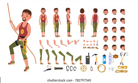 Rock Climber Male Vector. Animated Character Creation Set. Professional Mountain Climber Man. Full Length, Front, Side, Back View, Accessories, Poses, Face Emotions. Isolated Flat Cartoon Illustration