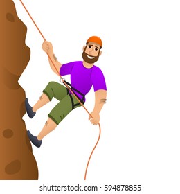 Rock climber. Man commits to rise the steep slope. Cartoon character.