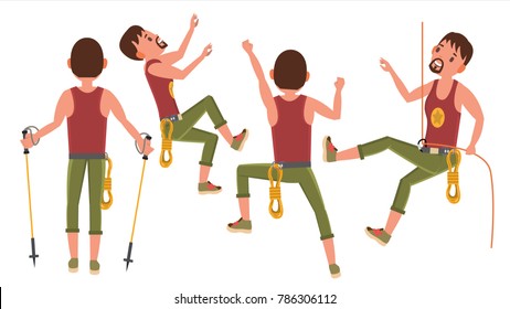 Rock Climber Man Vector. Bouldering Sport. Different Positions. Tourist Hiking, Resting. Extreme Hobby. Flat Cartoon Illustration