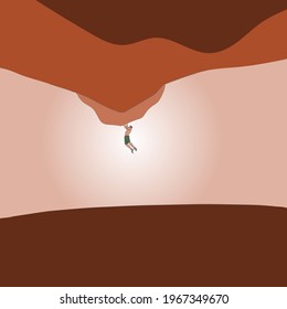 Rock climber on the cave without equipment at sunset hand drawn illustration vector.