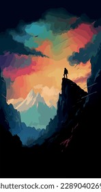Rock climber cliff  Cartoon vector drawing adventure  Man hill hiking up mountain peak  Summer activity  Cool poster climber looking at the sunset the sunrise  Silhouette top 