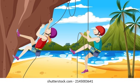 Rock climber on cliff outdoor scene illustration