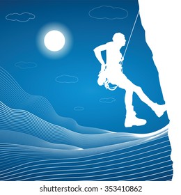 Rock climber on the mountain, extreme sports, mountain landscape, vector design art