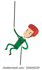 Rock climber in protective helmet climbing on rock. Caucasian climber in action. Man climbing in mountains with rope. Man climbing a rock. Vector flat design illustration isolated on white background.