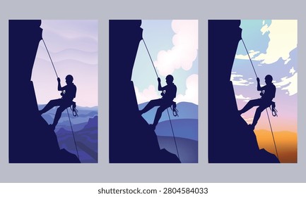 Rock climber rappelling down a steep cliff  illustration background. Adventure outdoor with mountain landscapes, dramatic skies, and flat vector design, symbolizing courage, exploration, and extreme sports.