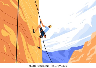 Rock climber scaling cliff mountain adventure outdoor activity vibrant landscape minimalist design