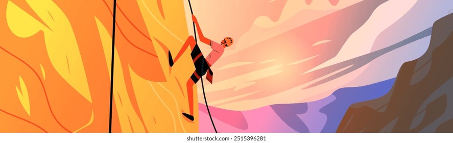 Rock climber scaling cliff at sunset vibrant colorful landscape with mountains and sky adventurous outdoor activity dynamic design for website banner