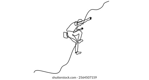 Rock climber scaling a wall, illustrating determination, strength, and adventure. One line drawing capturing the energy and focus in rock climbing. Vector illustration hand drawn.