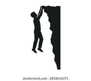 Rock climber silhouette climbing steep cliff mountain wall line art vector icon. Rock climbing sport, extreme mountain adventure, cliff scaling, and outdoor activity.