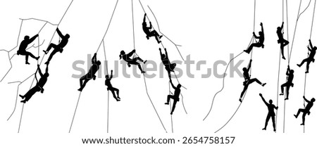 Rock Climber Silhouettes Vector Set, Extreme Mountain Climbing Adventure