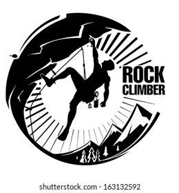 Rock climber at sunset. Vector illustration in the engraving style