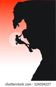 Rock Climber , Vector illustration of a man figure hanging on the cliff