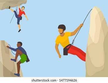 Rock climbers in protective helmet climb a mountain vector illustration. Caucasian and african man climbing a mountain with a rope. Sport and leisure activity concept. Flat design