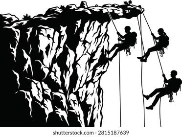 Rock Climbers Rappelling Down Cliff Silhouette Black Vector Illustration Isolated on White Background