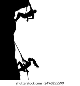 Rock climbers silhouette extreme sport with partner, vector climber extreme, sport rock and adventure, climb to mountain silhouette, man and mountaineer, physical support camaraderie illustration