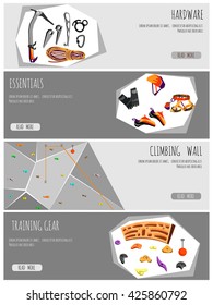 Rock climbing adventure horizontal banner set with climbing equipment elements.vector illustration