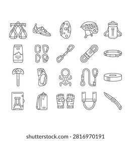 rock climbing bouldering icons set vector. belay, harness, carabiner, chalk, crag, rappel, ascent, descent, grip foothold rock climbing bouldering black contour illustrations