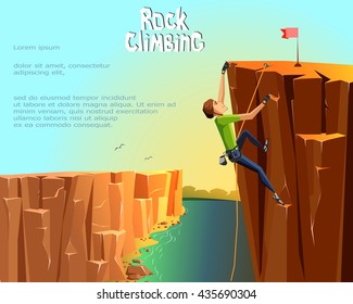 Rock Climbing boy. Beautiful nature landscape background. Bouldering sport. Graphic Design. Vector Illustration