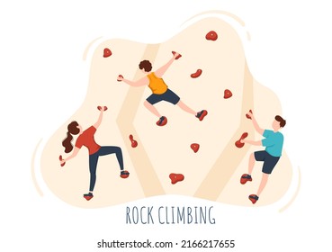 Rock Climbing with Climber Climbs Wall of Extreme Sportsmen and Sportswomen in Flat Cartoon background Illustration