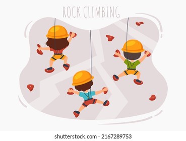 Escalada en roca con niños recortados escalando pared en ilustración de caricatura plana de fondo
