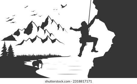 Rock climbing climber silhouette. Mountain climber, adventure, hiking vector illustration, logo, icon, and graphic for t-shirt designs. 3D Illustration